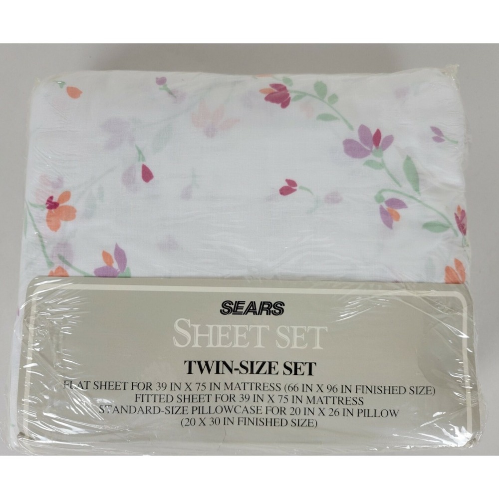 Vintage‎ NIP Sears Twin Sheet Set White Floral Cotton Blend